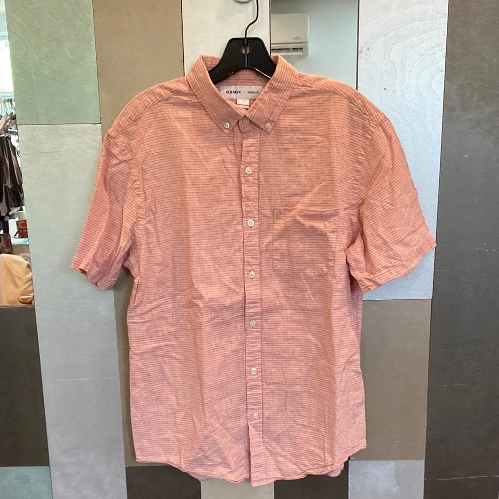 Men's Linen-Blend Casual Button-Down Shirt in Red - Picture 1 of 6